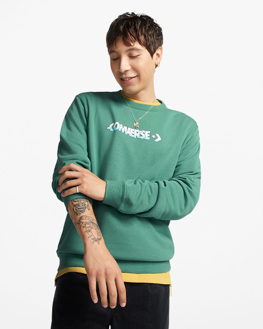 Moletons Converse Cloud Gráficas Long Sleeve Crew Masculino Verdes | PT T0871P3